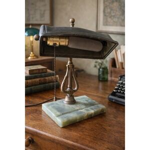Vintage Banker's Desk Lamp | Green Marble Base | Brass Lyre Stem | Mid Century